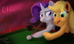Size: 1200x712 | Tagged: safe, artist:obsequiosity, character:applejack, character:rarity, billiards