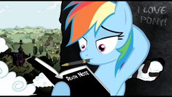 Size: 711x400 | Tagged: safe, artist:zipomon, character:rainbow dash, species:pegasus, species:pony, g4, book, crossover, death note, female, mare, mouth hold, pen, photoshop, ponyville, solo