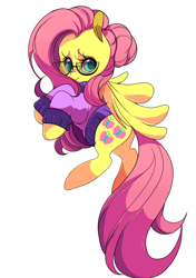 Size: 950x1350 | Tagged: safe, artist:sugaryrainbow, character:fluttershy, alternate hairstyle, bottomless, clothing, glasses, partial nudity, sweater, sweatershy