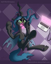 Size: 750x947 | Tagged: safe, artist:merionminor, character:queen chrysalis, species:changeling, chaberki, computer, cute, cutealis, female, laptop computer, love overload, solo
