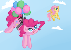 Size: 2000x1400 | Tagged: safe, artist:oblivinite, character:fluttershy, character:pinkie pie, balloon, flying, frown, open mouth, raised hoof, smiling, spread wings, then watch her balloons lift her up to the sky, wings