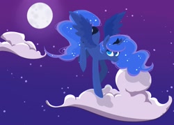 Size: 2100x1500 | Tagged: safe, artist:foxda, character:princess luna, species:alicorn, species:pony, cloud, cloudy, colored pupils, female, flying, moon, night, night sky, sky, smiling, solo, spread wings, stars, wings