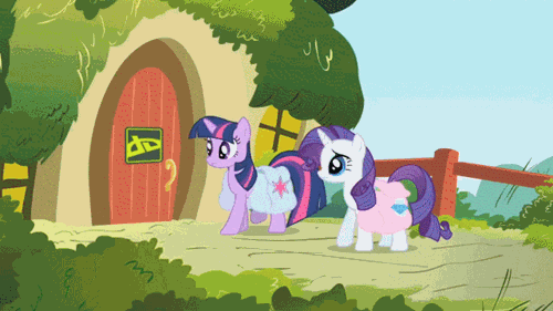 Size: 500x281 | Tagged: safe, artist:danfango, edit, edited screencap, screencap, character:rarity, character:twilight sparkle, oc, species:changeling, species:earth pony, species:pegasus, species:pony, species:unicorn, episode:swarm of the century, g4, my little pony: friendship is magic, animated, deviantart, donut steel, door, female, fence, god burns down equestria for insurance money, goggles, logo, male, mare, meta, parasprite, pony creator, red and black oc, saddle bag, stallion, truth, youtube poop
