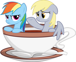 Size: 3469x2866 | Tagged: safe, artist:crimsonlynx97, character:derpy hooves, character:rainbow dash, species:pegasus, species:pony, cup, cup of pony, drink, duo, frown, micro, rainbow dash is not amused, simple background, spoon, tea, teacup, transparent background, unamused, vector
