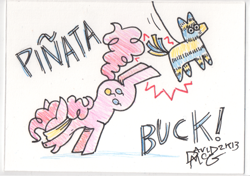 Size: 541x381 | Tagged: safe, artist:coyotecoyote, character:pinkie pie, blindfold, female, kicking, solo, text, traditional art