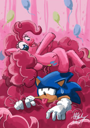Size: 1748x2480 | Tagged: safe, artist:projectzuel, character:pinkie pie, character:sonic the hedgehog, balloon, crossover, happy, open mouth, sonic the hedgehog (series), sweat, sweatdrop, tongue out