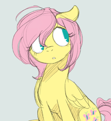 Size: 600x653 | Tagged: safe, artist:toodles3702, character:fluttershy, species:pegasus, species:pony, alternate hairstyle, cute, female, floppy ears, gray background, mare, short hair, simple background, sitting, solo