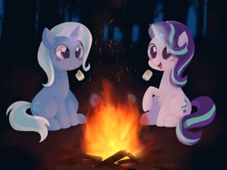 Size: 2048x1536 | Tagged: safe, artist:ginmaruxx, character:starlight glimmer, character:trixie, species:pony, species:unicorn, g4, campfire, cute, marshmallow