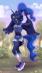 Size: 2000x3438 | Tagged: safe, artist:rrd-artist, character:princess luna, species:alicorn, species:anthro, species:plantigrade anthro, g4, alternate hairstyle, female, looking at you, ponytail, signature, sneakers, socks, solo, sports shorts, spread wings, three quarter view, wings