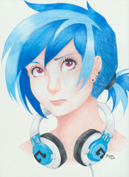 Size: 1274x1749 | Tagged: safe, artist:bekuno, character:dj pon-3, character:vinyl scratch, female, headphones, humanized, palindrome get, ponytail, solo, traditional art