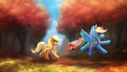 Size: 1920x1080 | Tagged: safe, artist:macalaniaa, character:applejack, character:rainbow dash, autumn, running, running of the leaves, wallpaper