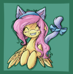 Size: 3178x3228 | Tagged: safe, artist:akiiri, character:fluttershy, blushing, cat ears, cat tail, catpony, digital art, eyes closed, female, floppy ears, fluttercat, smiling, solo