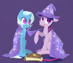 Size: 1247x1084 | Tagged: safe, artist:foxda, character:trixie, character:twilight sparkle, species:pony, species:unicorn, abstract background, accessory swap, book, cape, clothing, colored pupils, duo, female, hat, sitting, smiling, trixie's hat