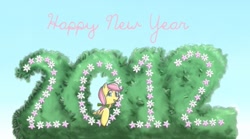 Size: 865x480 | Tagged: safe, artist:shiaran, character:posey, species:earth pony, species:pony, g1, 2012, askposey, blue background, bow, female, flower, hair bow, happy new year, holiday, new year, simple background, solo, topiary, tumblr