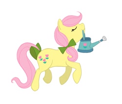 Size: 775x656 | Tagged: safe, artist:shiaran, character:posey, species:earth pony, species:pony, g1, askposey, bow, chin up, eyes closed, female, hair bow, mouth hold, simple background, solo, tail bow, trotting, tumblr, watering can, white background