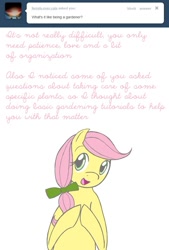 Size: 665x981 | Tagged: safe, artist:shiaran, character:posey, species:earth pony, species:pony, g1, ask, askposey, bow, female, gardening, hair bow, simple background, solo, tumblr, white background