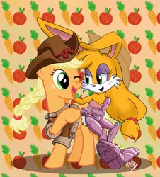 Size: 1270x1406 | Tagged: safe, artist:scruffytoto, character:applejack, accessory swap, alternate hairstyle, bunnie rabbot, clothing, cowboy hat, crossover, cyborg, drawing, fist bump, hat, hat swap, hoofbump, mane swap, satam, sonic the hedgehog (series)