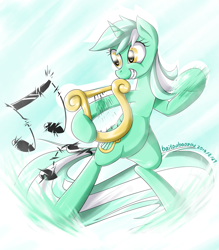 Size: 1400x1600 | Tagged: safe, artist:baitoubaozou, character:lyra heartstrings, species:pony, bipedal, female, lyre, music, music notes, musical instrument, performance, playing, solo