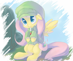 Size: 2400x2000 | Tagged: safe, artist:chingilin, character:fluttershy, species:pegasus, species:pony, bottomless, clothing, cute, drink, female, hat, high res, juice box, partial nudity, shyabetes, solo, sweater, sweatershy