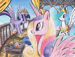 Size: 2960x2257 | Tagged: safe, artist:lumdrop, character:princess cadance, character:princess celestia, character:twilight sparkle, character:twilight sparkle (alicorn), species:alicorn, species:pony, croissant, element of magic, female, food, mare, saddle, traditional art