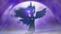Size: 2000x1126 | Tagged: safe, artist:aelioszero, character:princess luna, clothing, female, lens flare, shoes, solo, spread wings, vector, wallpaper, wings