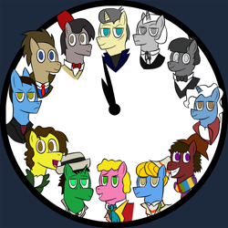 Size: 1024x1024 | Tagged: safe, artist:the-skullivan, character:doctor whooves, character:time turner, species:pony, clock, doctor who, eighth doctor, eleventh doctor, fifth doctor, first doctor, fourth doctor, ninth doctor, ponified, second doctor, seventh doctor, sixth doctor, tenth doctor, the doctor, third doctor, twelfth doctor