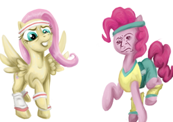 Size: 600x424 | Tagged: safe, artist:wafflecannon, character:fluttershy, character:pinkie pie, faec, frown, glare, gritted teeth, raised hoof, raised leg, wat, workout outfit