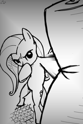 Size: 730x1095 | Tagged: safe, artist:cosmicwaltz, character:fluttershy, female, monochrome, punching bag, solo, traditional art