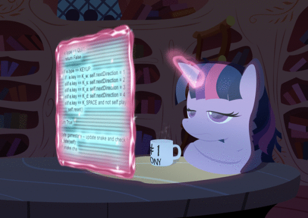 Size: 600x424 | Tagged: safe, artist:lostzilla, character:twilight sparkle, species:pony, g4, animated, cup, drink, female, glow, horn, magic, mug, programming, python (language), reading, screen, solo, table