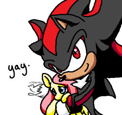 Size: 420x397 | Tagged: safe, artist:feniiku, character:fluttershy, crossover, crossover shipping, fluttershadow, interspecies, shadow the hedgehog, shipping, sonic the hedgehog (series), yay