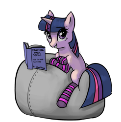 Size: 1118x1131 | Tagged: safe, artist:ponyrake, character:twilight sparkle, character:twilight sparkle (unicorn), species:pony, species:unicorn, book, clothing, female, mare, smiling, socks, solo, striped socks