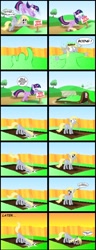 Size: 1110x2880 | Tagged: safe, artist:gonein10seconds, character:derpy hooves, character:twilight sparkle, species:pegasus, species:pony, comic, dirt, ed edd n eddy, female, fence, grass, mare, plank, sign, stop look and ed, woodpecker