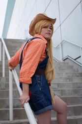 Size: 427x640 | Tagged: safe, artist:grim-tales, character:applejack, species:human, anime expo, cosplay, irl, irl human, overalls, photo, solo