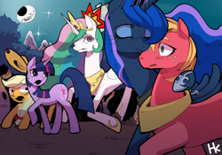 Size: 1200x839 | Tagged: safe, artist:cakewasgood, character:applejack, character:big mcintosh, character:princess celestia, character:princess luna, character:twilight sparkle, species:earth pony, species:pony, ship:lunamac, gasp, kissing, male, night, scene interpretation, shipping, stallion, straight, surprise kiss, surprised