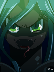 Size: 600x800 | Tagged: safe, artist:cakewasgood, character:queen chrysalis, species:changeling, changeling queen, close-up, female, forked tongue, looking at you, portrait, solo, tongue out, want