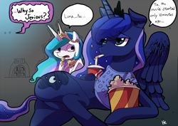 Size: 1200x848 | Tagged: safe, artist:cakewasgood, character:princess celestia, character:princess luna, species:alicorn, species:pony, batman, desperation, dialogue, draw me like one of your french girls, eating, food, magic shirt, movie, need to pee, omorashi, on side, pink floyd, plot, popcorn, potty dance, potty emergency, potty time, scared, television, the dark knight, the dark side of the moon, the joker, trotting in place