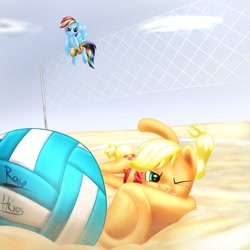 Size: 1000x1000 | Tagged: safe, artist:rayhiros, character:applejack, character:rainbow dash, ball, beach, clothing, duo, flying, net, sand, volleyball