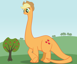 Size: 2400x2000 | Tagged: safe, artist:ohitison, character:applejack, apatosaurus, dinojack, dinosaur, dinosaurified, female, high res, long neck, reptile, sauropod, solo, species swap, tree, wat