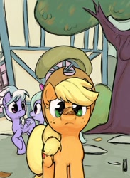 Size: 880x1200 | Tagged: safe, artist:inkwel-mlp, character:applejack, character:cloudchaser, character:flitter, clothing, hat, leaf