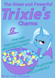 Size: 3218x4500 | Tagged: safe, artist:namelesshero2222, character:trixie, species:pony, species:unicorn, blue background, cereal, cereal box, female, food, looking at you, mare, simple background, smug, solo, vector