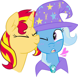 Size: 515x510 | Tagged: safe, artist:deerspit, character:sunset shimmer, character:trixie, species:pony, ship:suntrix, blushing, female, heart, kissing, lesbian, nuzzling, shipping