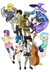 Size: 2100x3000 | Tagged: safe, artist:magico-enma, character:bon bon, character:daring do, character:derpy hooves, character:dj pon-3, character:doctor whooves, character:lyra heartstrings, character:octavia melody, character:sweetie drops, character:time turner, character:trixie, character:vinyl scratch, species:human, background pony, background six, cello, clothing, female, high res, humanized, light skin, male, moderate dark skin, musical instrument, simple background, sonic screwdriver, transparent background, winged humanization, wings