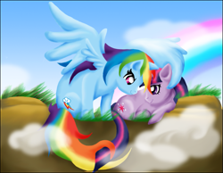Size: 1269x983 | Tagged: safe, artist:jewlecho, character:rainbow dash, character:twilight sparkle, species:pegasus, species:pony, species:unicorn, ship:twidash, cloud, female, grass, hug, intertwined tails, lesbian, looking at each other, lying down, mare, outdoors, rainbow, shipping, sitting, sky, spread wings, tail, winghug, wings