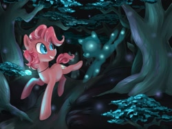 Size: 1800x1350 | Tagged: safe, artist:foxda, character:pinkie pie, species:earth pony, species:pony, amulet, foal, forest, ghost, ghost pony, glow, jewelry, night, pendant, smiling