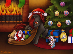 Size: 800x596 | Tagged: safe, artist:christinies, character:applejack, character:fluttershy, character:pinkie pie, character:princess celestia, character:rainbow dash, character:rarity, character:twilight sparkle, oc, oc:nimbus breeze, oc:pack rat, bag, christmas, christmas tree, clothing, cutie mark, doll, fire, fireplace, hat, mane six, mouth hold, plushie, present, santa hat, socks, stockings, teddy bear, tree