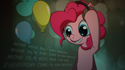 Size: 1920x1080 | Tagged: safe, artist:zipomon, character:pinkie pie, species:earth pony, species:pony, g4, abstract background, balloon, bipedal, female, headphones, mare, solo, wallpaper
