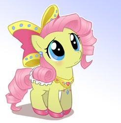 Size: 573x583 | Tagged: safe, artist:pimmy, edit, character:fluttershy, cute, female, filly, hair bow, saddle, solo