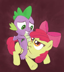 Size: 1000x1116 | Tagged: safe, artist:tranquilmind, character:apple bloom, character:spike, species:dragon, species:pony, ship:spikebloom, annoyed, apple bloom is not amused, dragons riding ponies, female, male, riding, shipping, straight