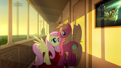 Size: 1600x900 | Tagged: safe, artist:gign-3208, character:big mcintosh, character:fluttershy, species:pegasus, species:pony, ship:fluttermac, 42, blushing, female, male, shipping, straight, sunset, thunderstorm, train