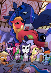 Size: 1200x1707 | Tagged: safe, artist:cakewasgood, character:applejack, character:big mcintosh, character:fluttershy, character:pinkie pie, character:princess celestia, character:princess luna, character:rainbow dash, character:rarity, character:spike, character:twilight sparkle, character:twilight sparkle (alicorn), species:alicorn, species:pony, ship:lunamac, camera, clothing, context is for the weak, crying, female, magic shirt, mane seven, mane six, mare, plot, shipping, shirt, superman